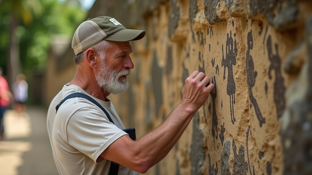 Visitante observando de cerca un panel de petroglifos tallados, tocando suavemente la piedra