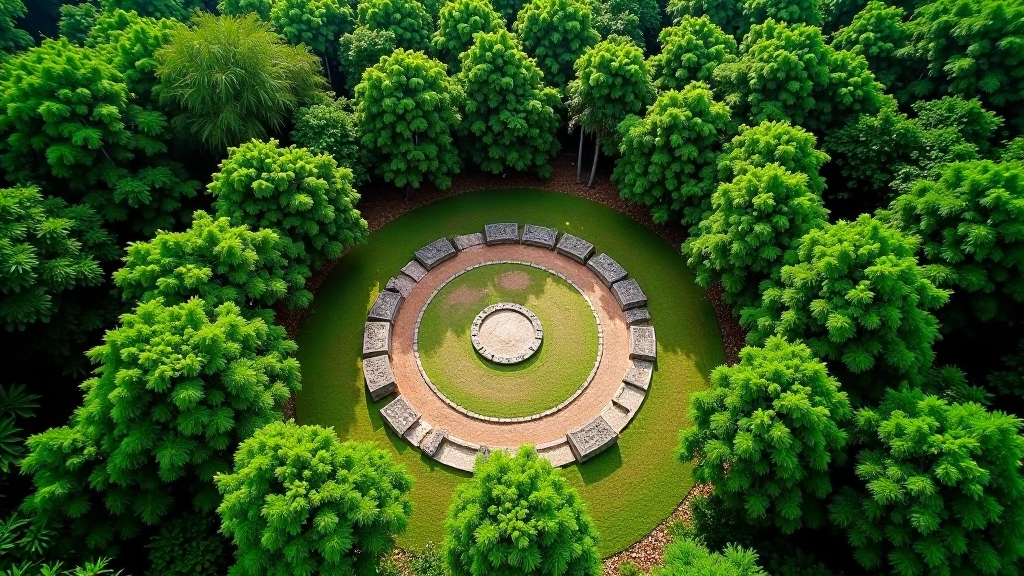 Vista aérea de un centro ceremonial taíno rodeado de vegetación