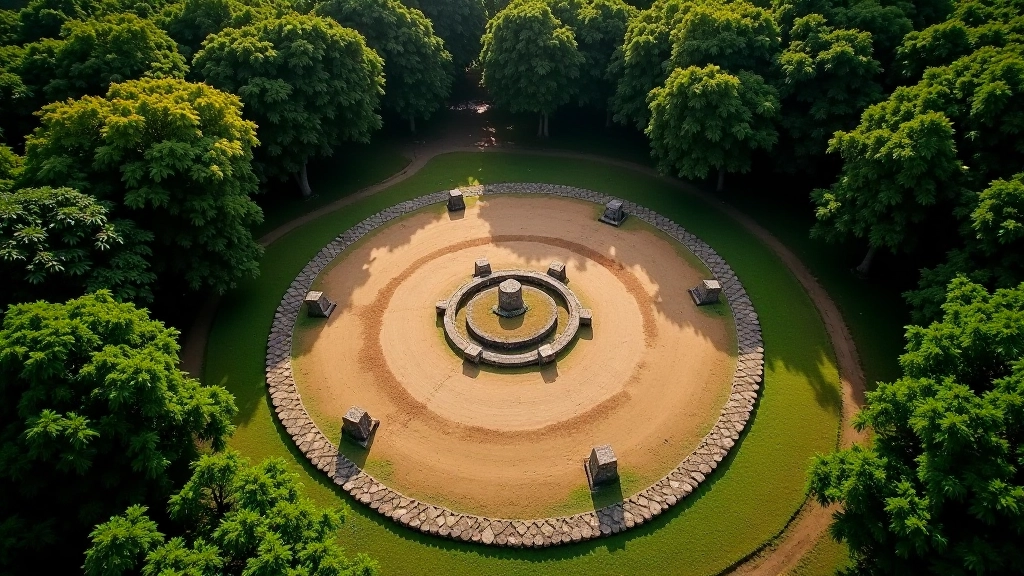 Vista aérea del Parque Ceremonial de Caguana con sus bateyes circulares y piedras ceremoniales