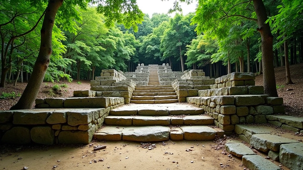 Ruinas de estructura ceremonial taína con escalinatas de piedra en bosque tropical