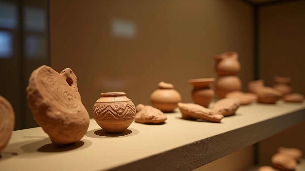 Artefactos cerámicos taínos y herramientas de piedra en exhibición arqueológica