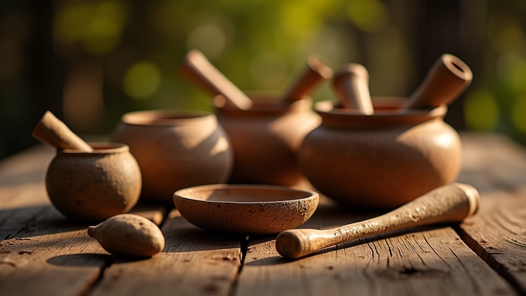 Utensilios de cocina taínos antiguos incluyendo molcajetes de piedra, cucharas de concha y platos cerámicos, sobre superficie de madera natural