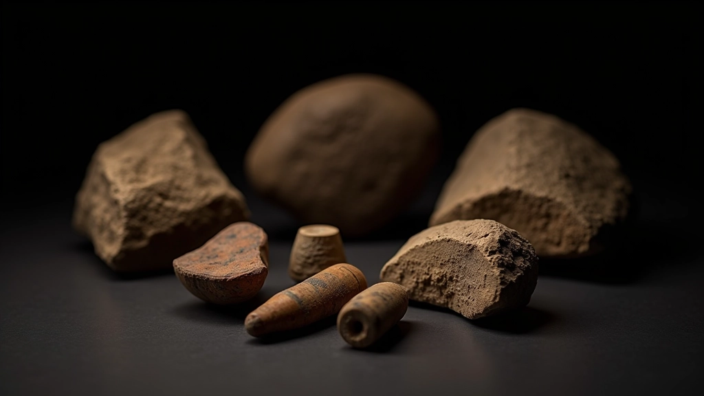 Herramientas de trabajo taínas de piedra y madera, incluyendo hachas, ralladores y utensilios para pesca, organizadas en fila sobre fondo oscuro