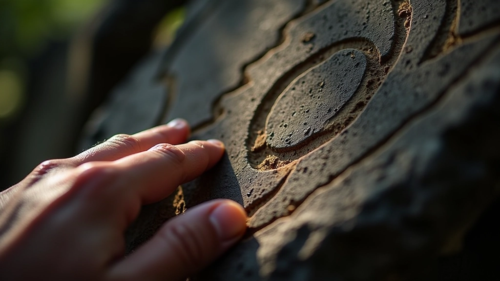 Mano tocando petroglifo tallado en roca oscura, detalle arqueológico en luz natural