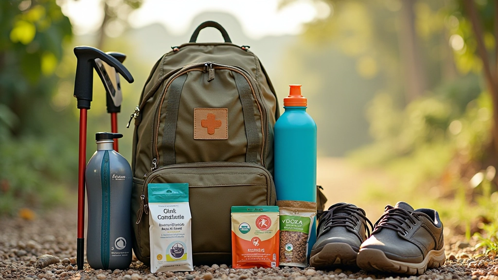 Mochila abierta con botella de agua, protector solar, snacks y otros artículos esenciales para una caminata segura
