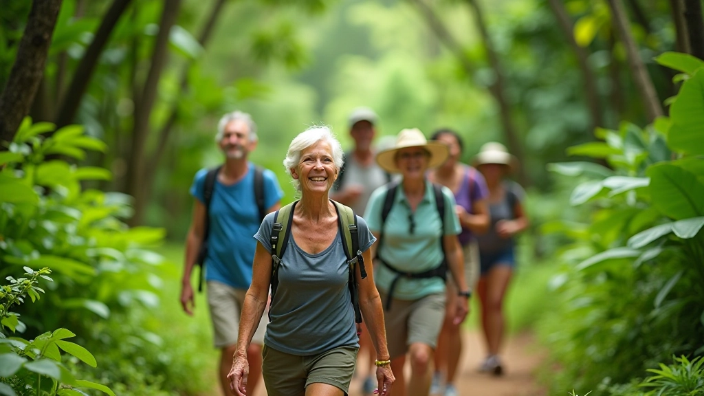 Grupo de personas caminando en un sendero rodeado de naturaleza verde