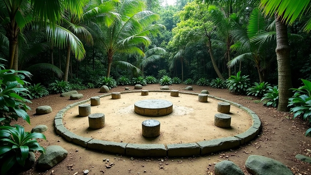Piedras ceremoniales dispuestas en círculo en un batey menor rodeado de vegetación tropical densa