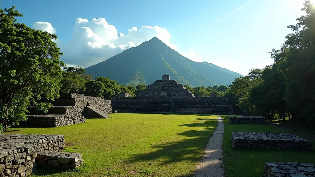 Estructura ceremonial de piedra con vista de montañas, centro taíno histórico